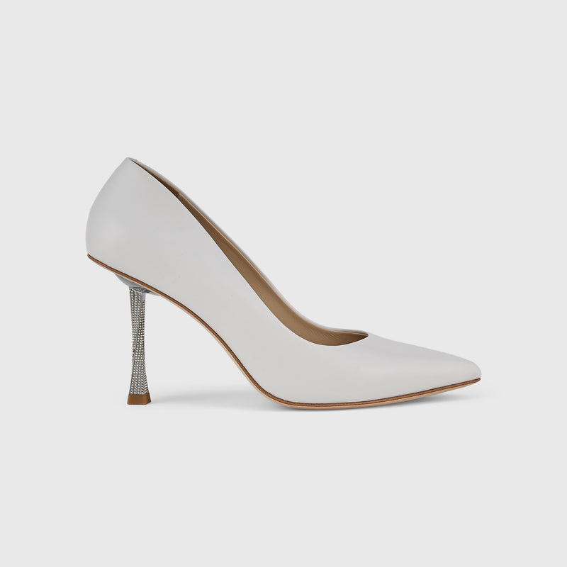Kat Maconie Masoom Pumps in Pearl White – luxury women's crystal stiletto pump with 90mm heel
