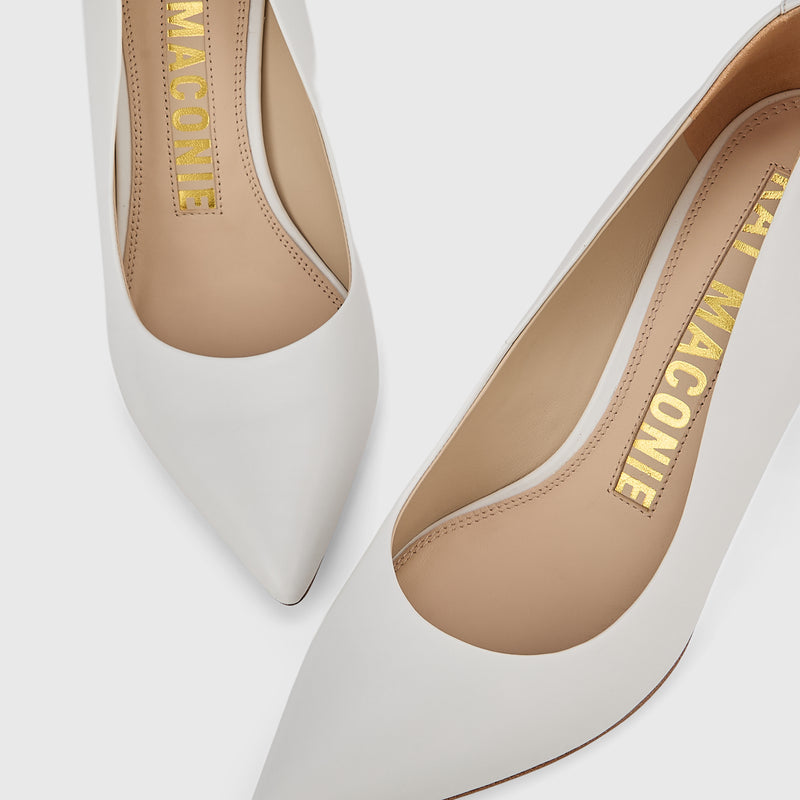 Kat Maconie Masoom Pumps in Pearl White – luxury women's crystal stiletto pump with 90mm heel