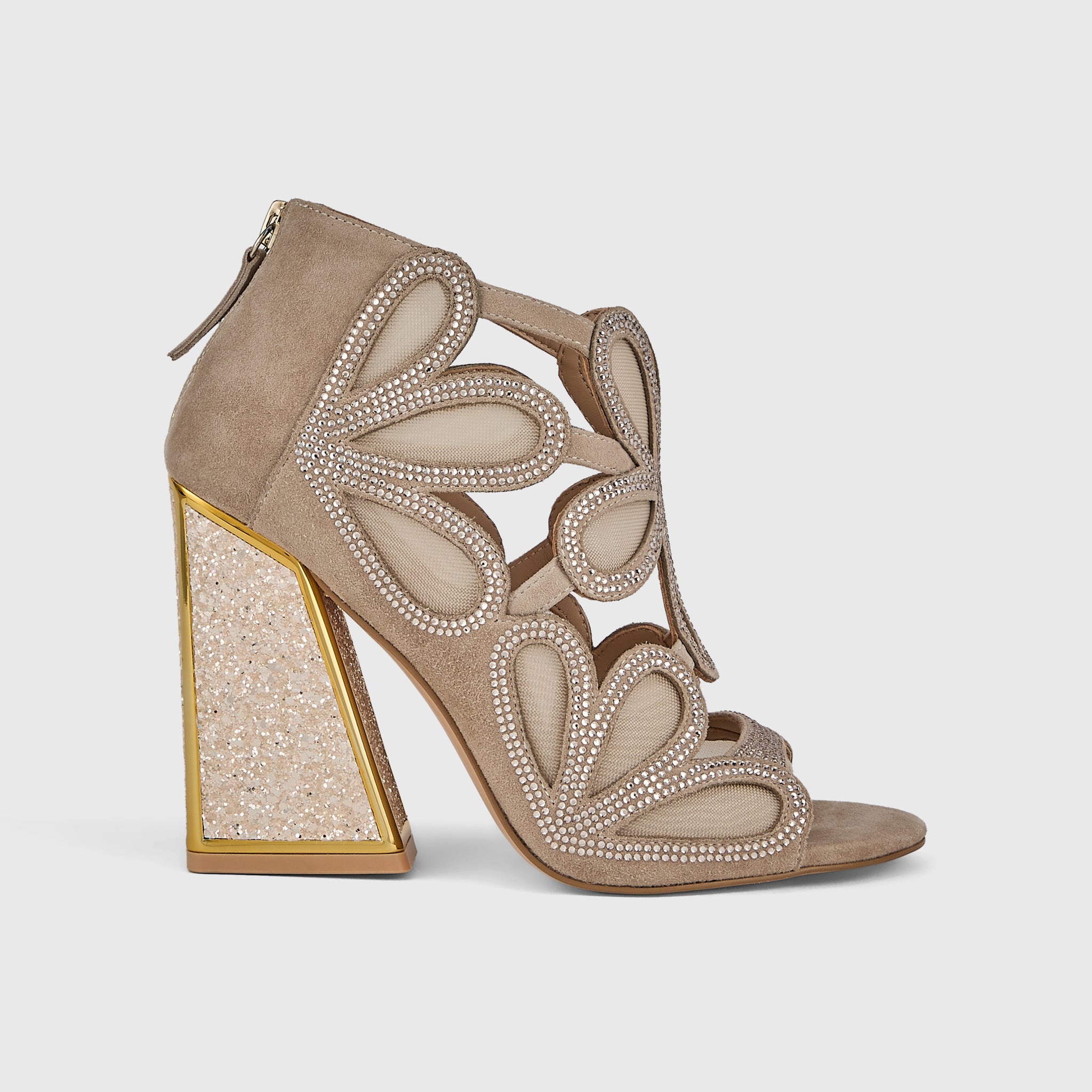 Kat Maconie Nina Sandals in Nude – luxury women's block frame sandal in suede-mesh with 105mm heel