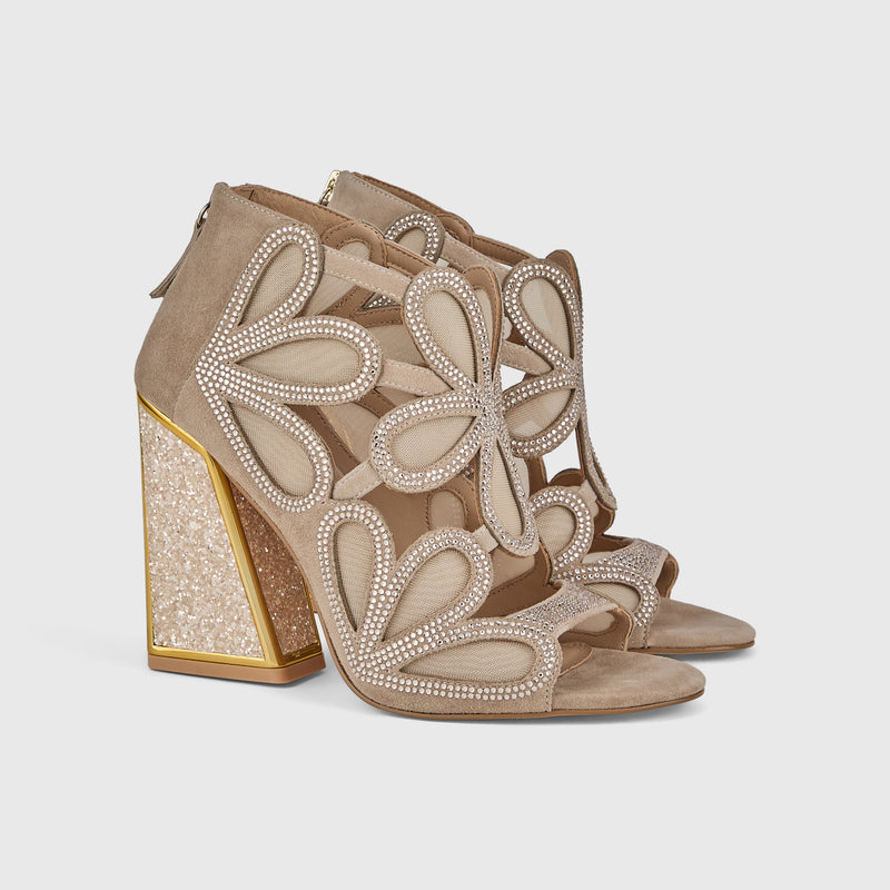 Kat Maconie Nina Sandals in Nude – luxury women's block frame sandal in suede-mesh with 105mm heel