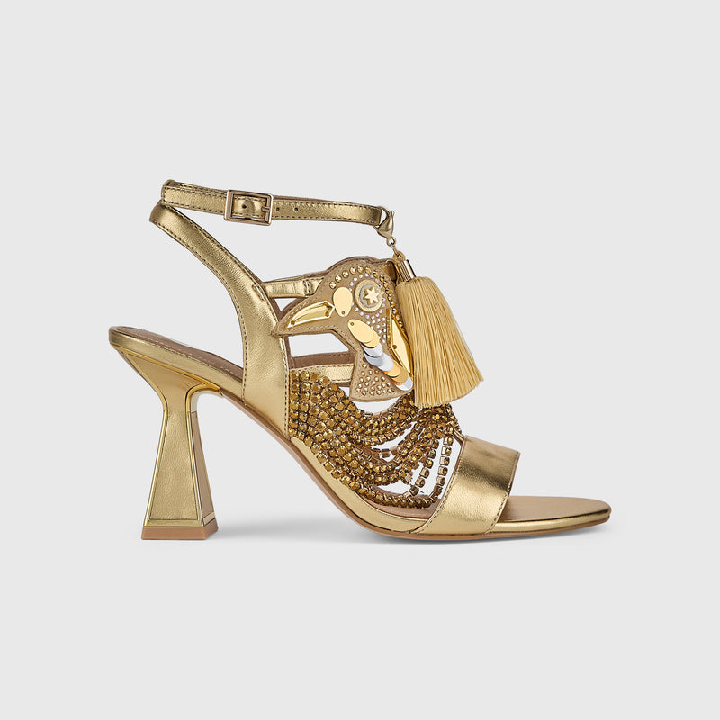 Kat Maconie Tups Sandals in Gold/Metallic – luxury women's hourglass frame strappy sandal with 85mm heel
