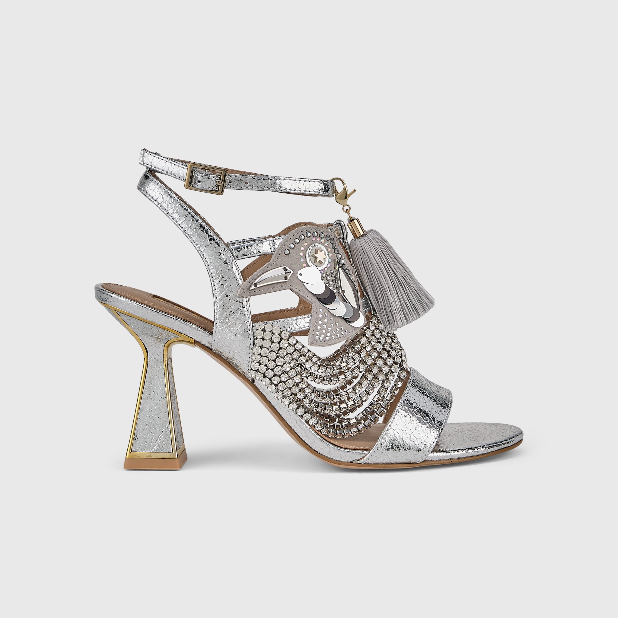 Kat Maconie Tups Sandals in Silver/Metallic – luxury women's hourglass frame strappy sandal with 85mm heel