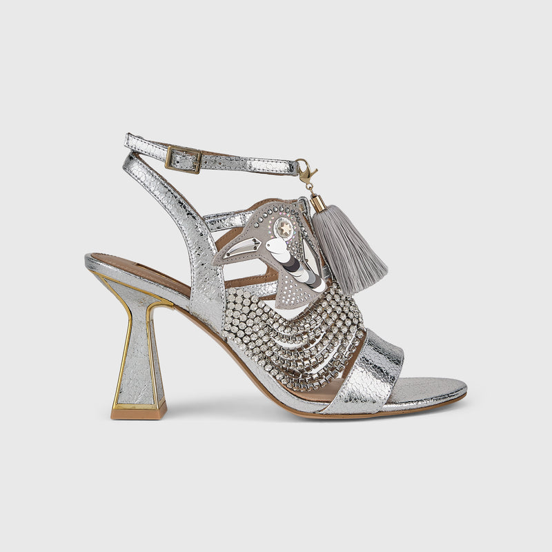 Kat Maconie Tups Sandals in Silver/Metallic – luxury women's hourglass frame strappy sandal with 85mm heel