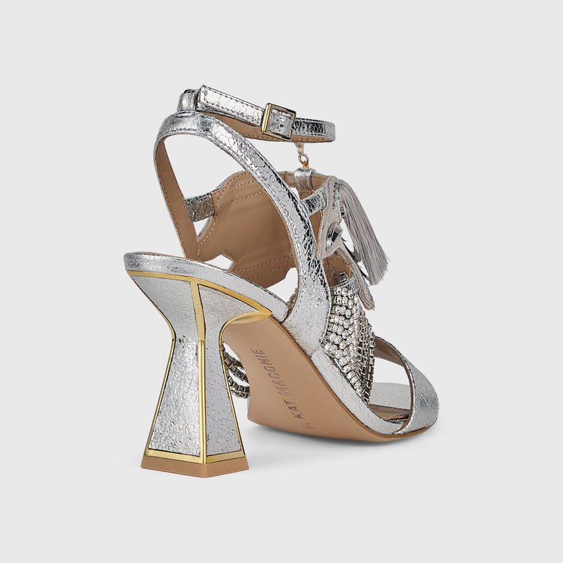 Kat Maconie Tups Sandals in Silver/Metallic – luxury women's hourglass frame strappy sandal with 85mm heel